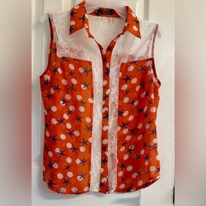 Oh My Julian Orange Lace Button Down Blouse Size Medium